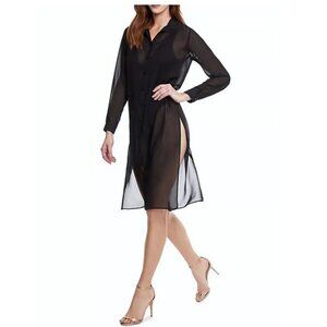 GOTTEX Chiffon Button Up Long Sleeve Cover-up Shirt Dress LARGE Black NWT $150